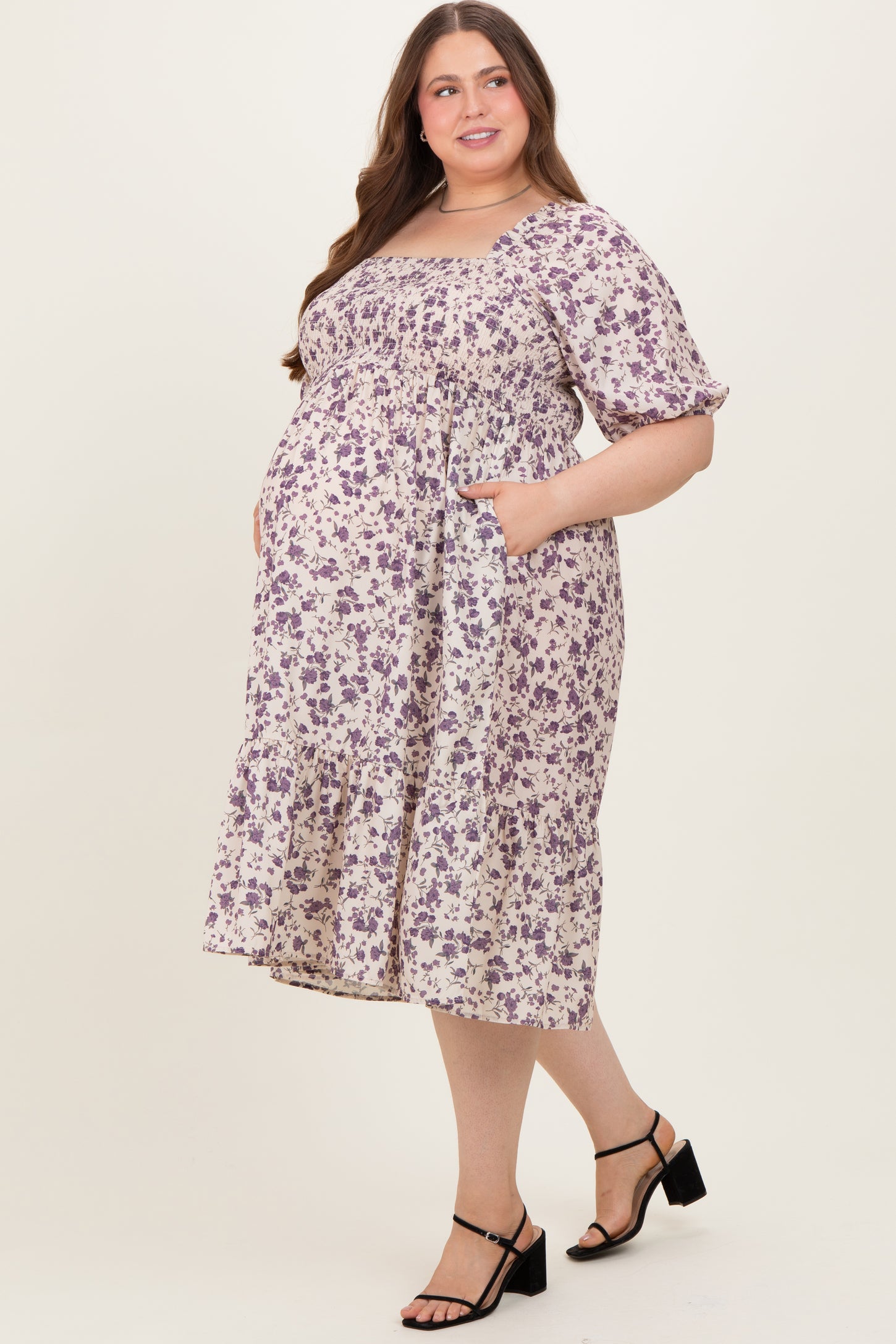 Cream Floral Smocked Maternity Plus Midi Dress