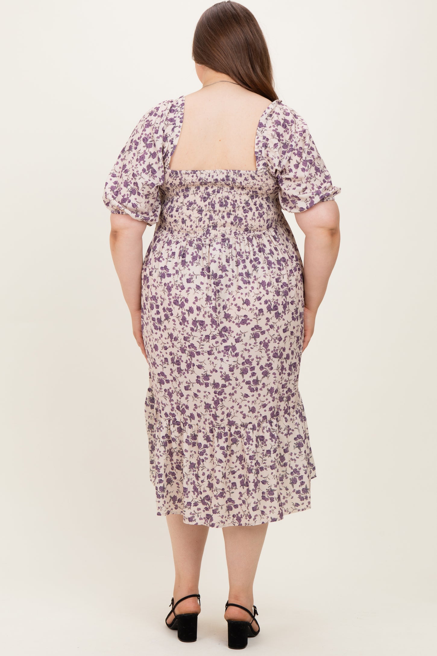 Cream Floral Smocked Maternity Plus Midi Dress