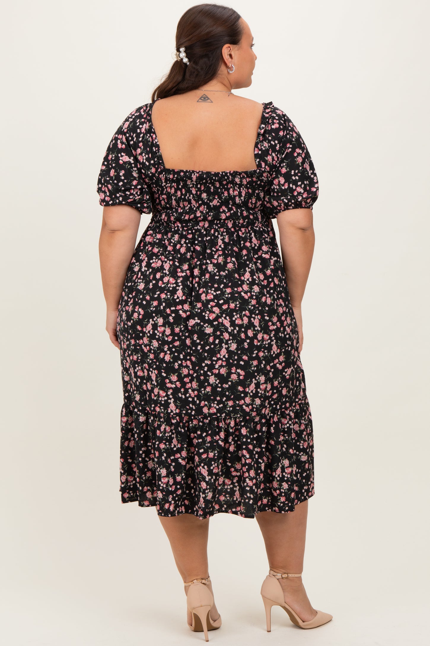 Black Floral Smocked Plus Midi Dress