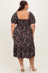 Black Floral Smocked Plus Midi Dress