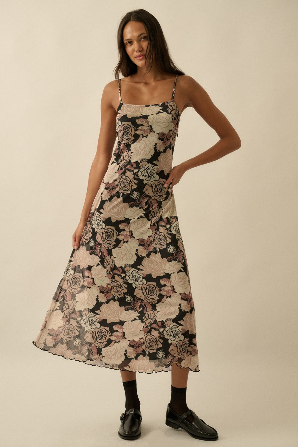 Black Rose Print Mesh Sleeveless Midi Dress