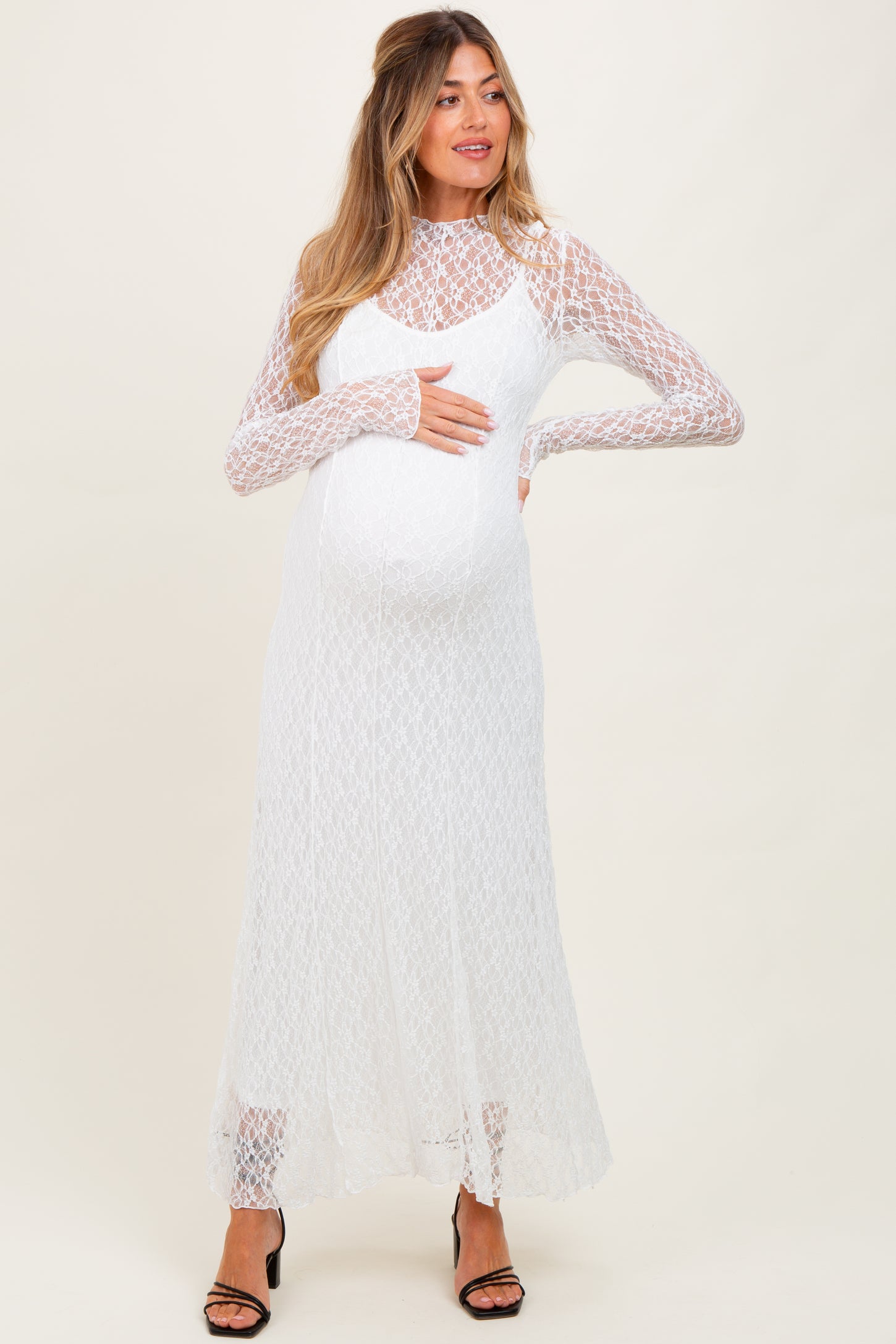 White Lace Mock Neck Long Sleeve Maternity Maxi Dress