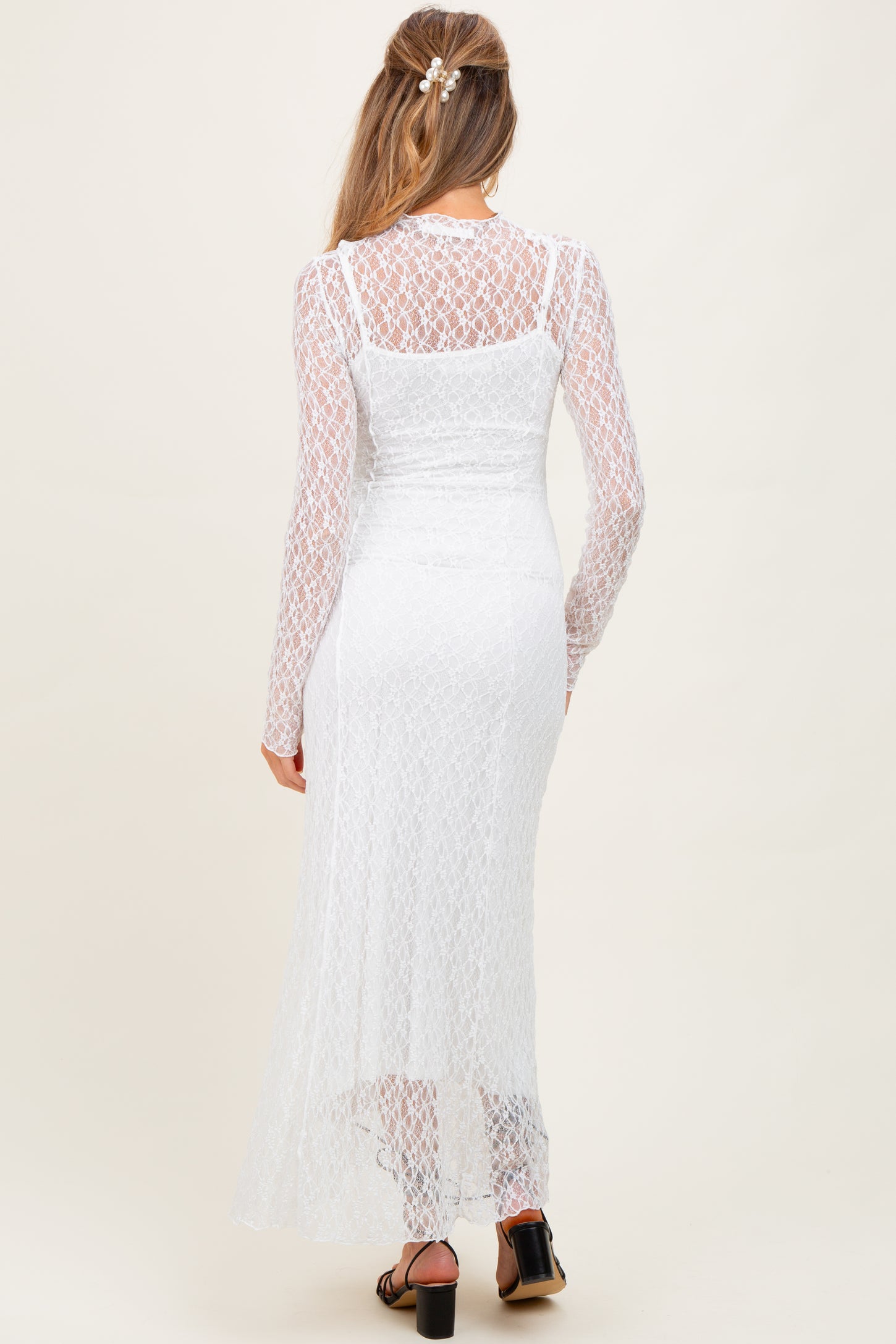 White Lace Mock Neck Long Sleeve Maternity Maxi Dress