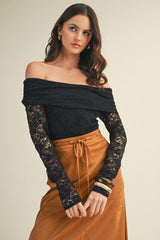 Black Lace Off Shoulder Long Sleeve Top