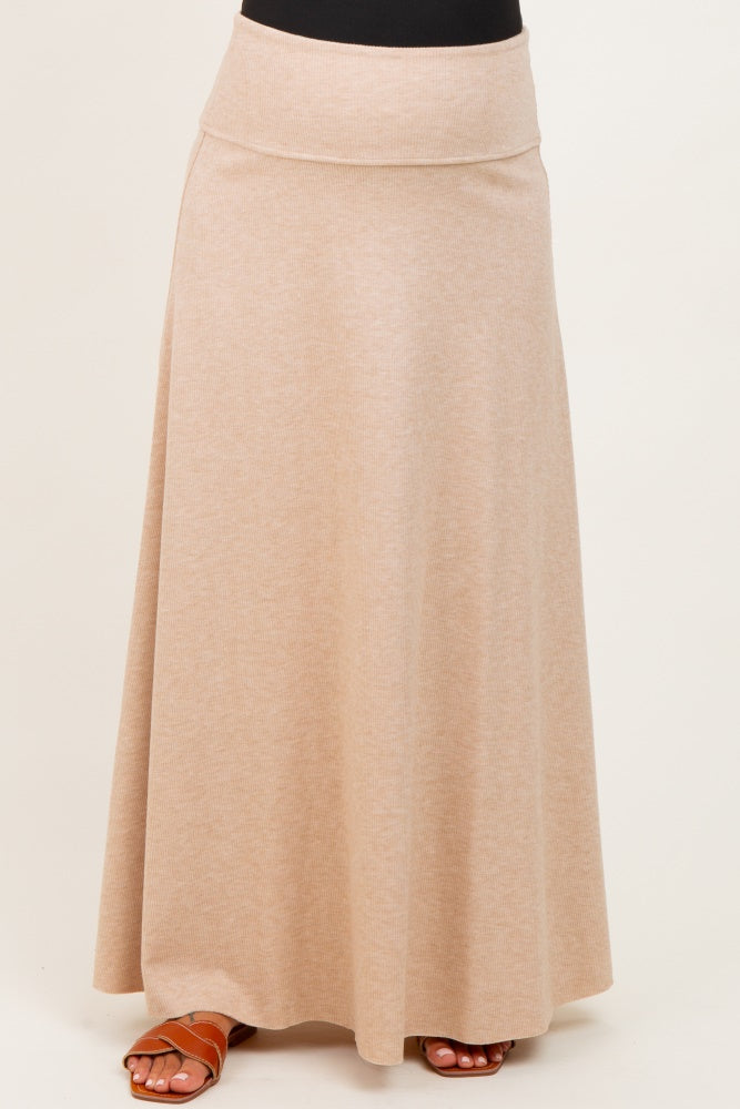 Beige Ribbed Maternity Maxi Skirt