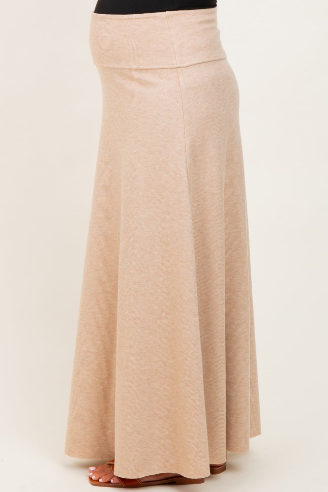 Beige Ribbed Maternity Maxi Skirt