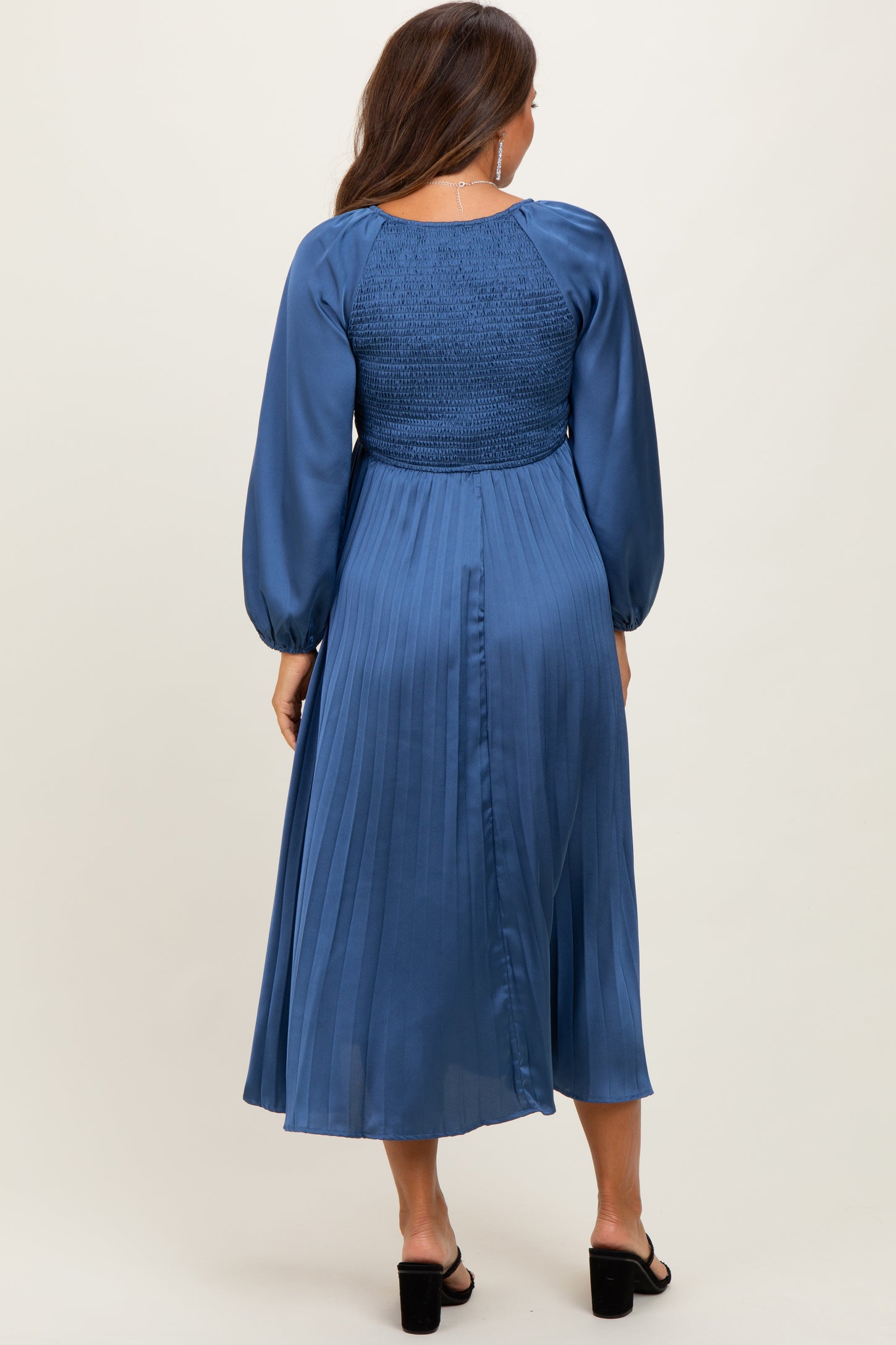 Blue Satin Smocked Pleated Maternity Midi Dress