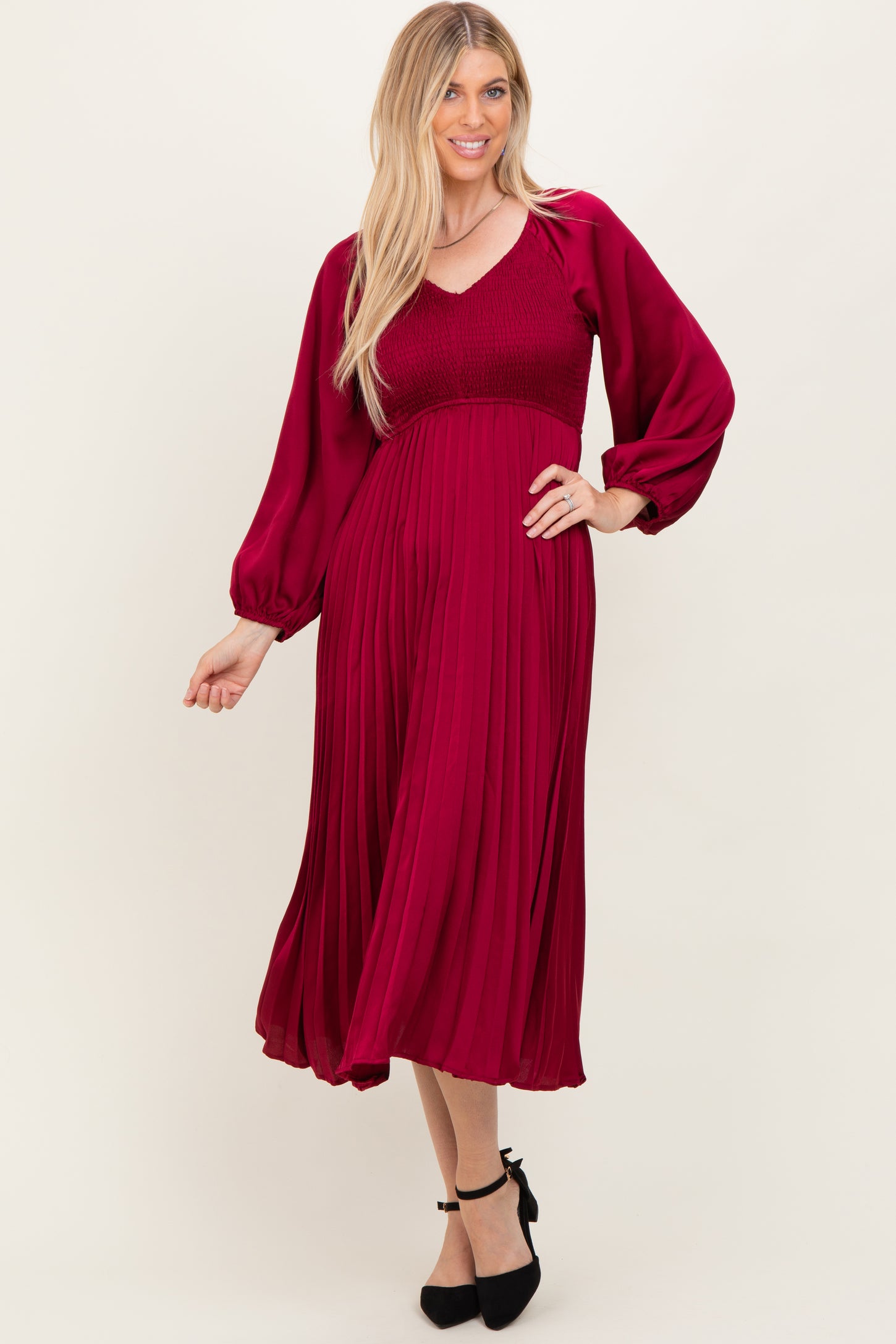Burgundy Satin Smocked Pleated Midi Dress