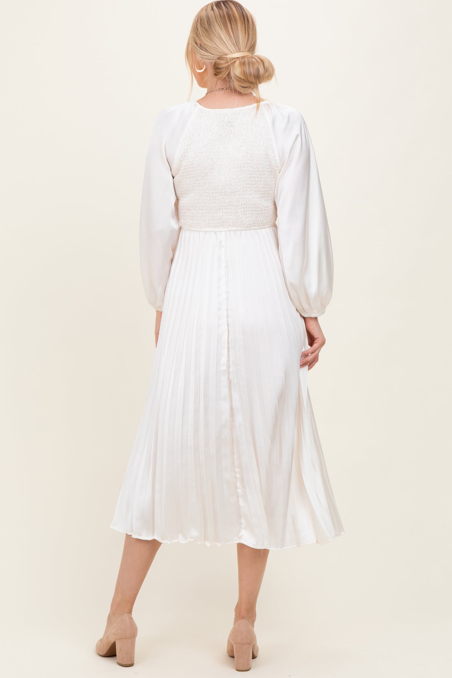 Cream Satin Smocked Pleated Midi Dress