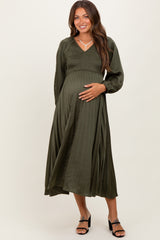 Olive Satin Smocked Pleated Maternity Midi Dress