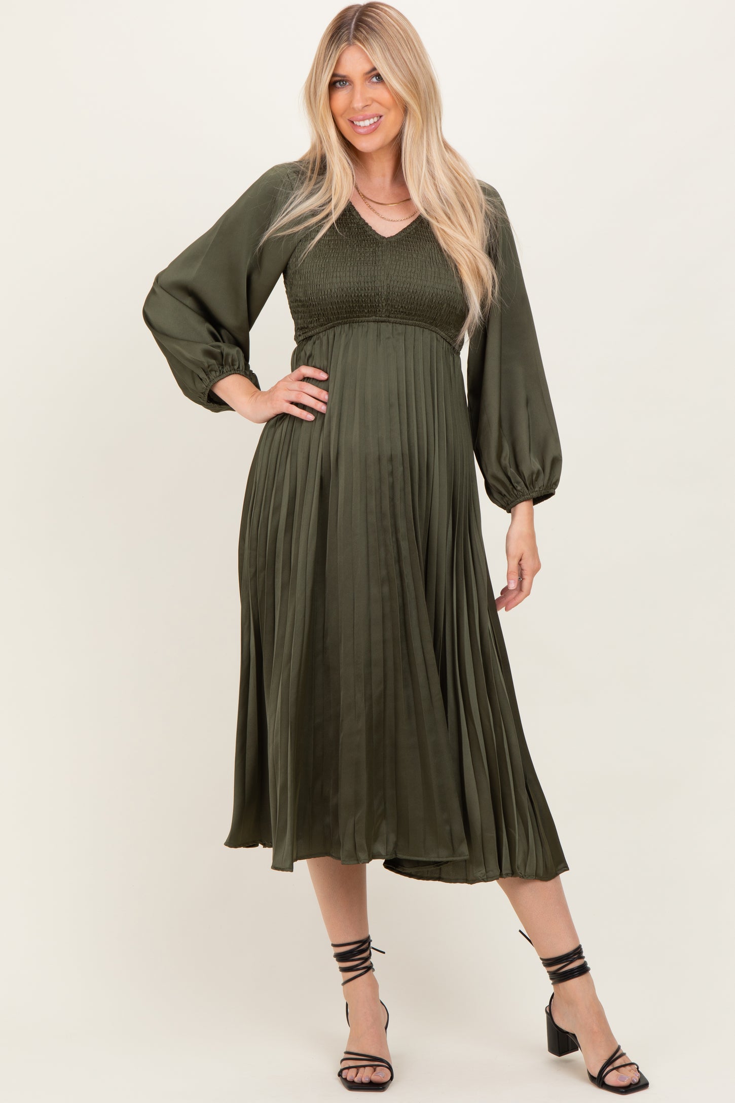 Olive Satin Smocked Pleated Midi Dress
