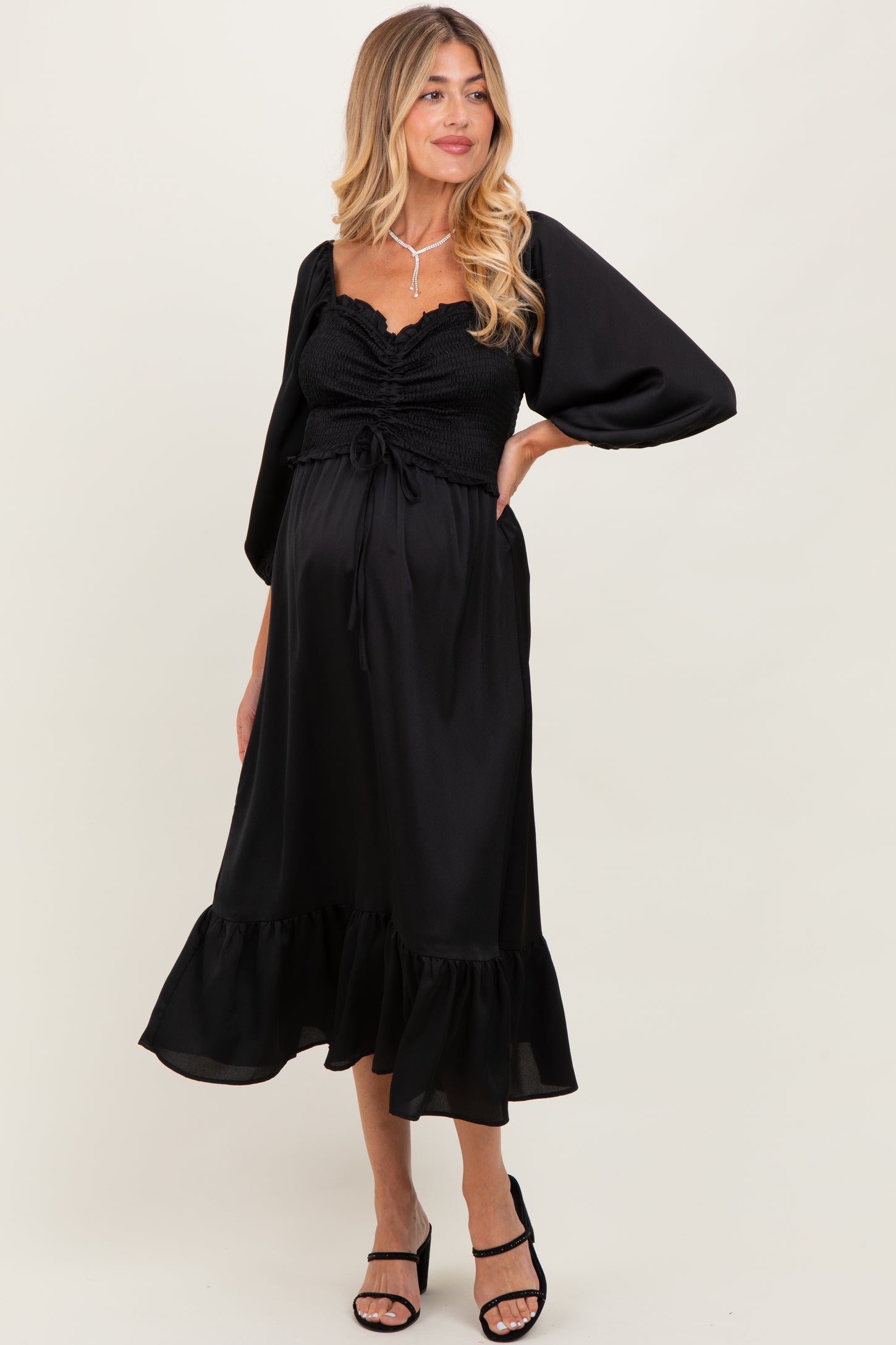 Black Satin Smocked Cinched Bust Maternity Midi Dress