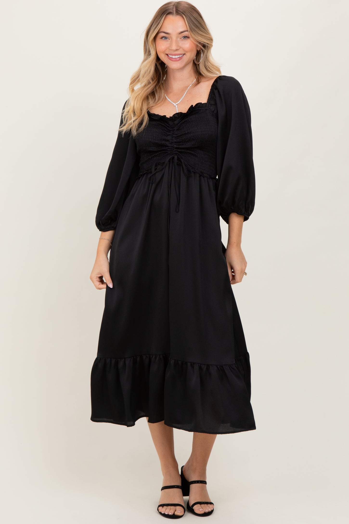 Black Satin Smocked Cinched Bust Midi Dress