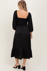 Black Satin Smocked Cinched Bust Midi Dress
