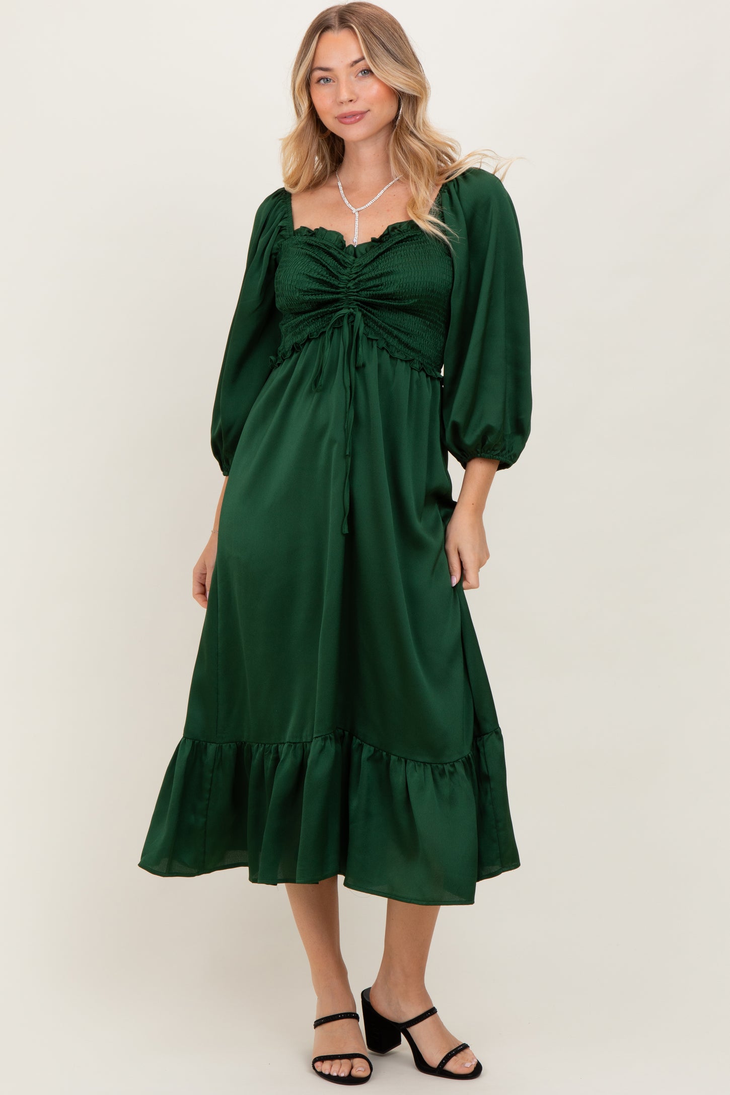 Green Satin Smocked Cinched Bust Maternity Midi Dress