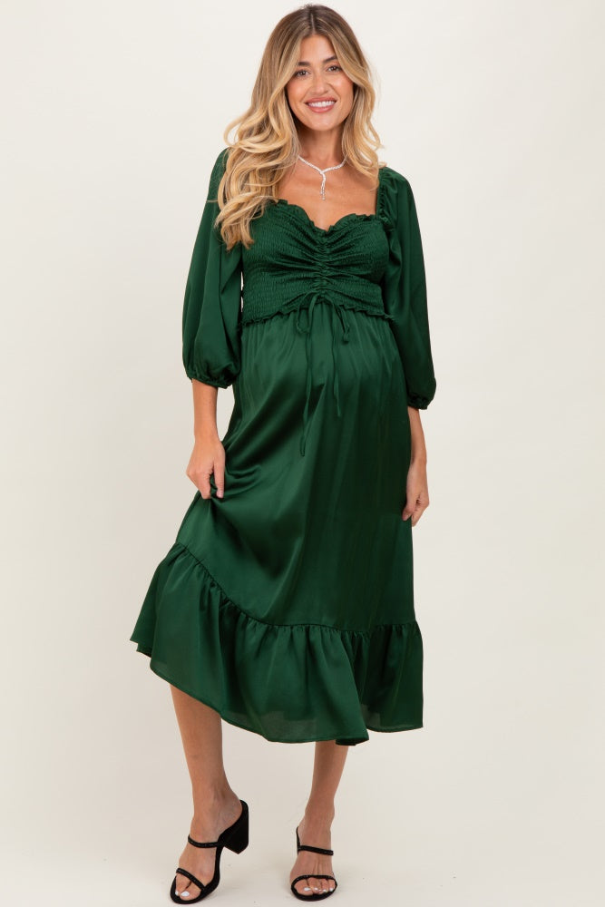 Green Satin Smocked Cinched Bust Maternity Midi Dress