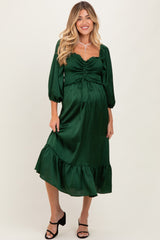 Green Satin Smocked Cinched Bust Maternity Midi Dress
