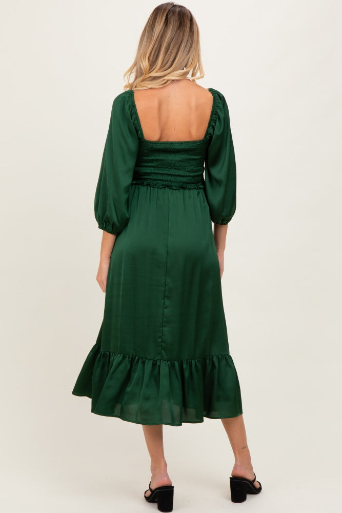 Green Satin Smocked Cinched Bust Maternity Midi Dress
