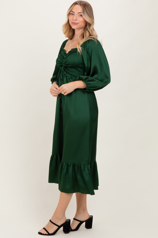Green Satin Smocked Cinched Bust Midi Dress