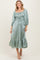 Light Olive Satin Smocked Cinched Bust Midi Dress