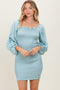 Light Blue Satin Smocked Bubble Sleeve Mini Dress