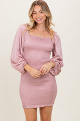Pink Satin Smocked Bubble Sleeve Mini Dress