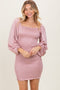 Pink Satin Smocked Bubble Sleeve Mini Dress