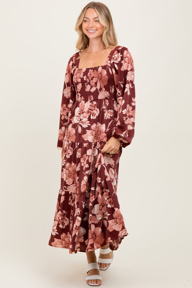 Burgundy Floral Smocked Long Sleeve Midi Dress