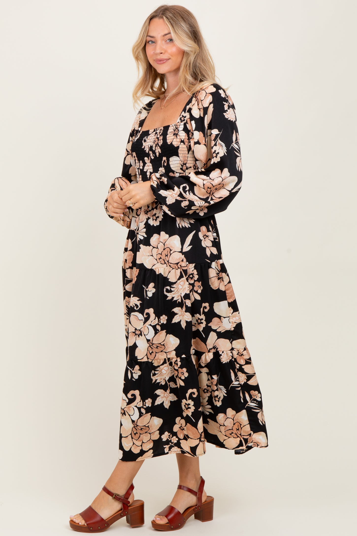 Black Floral Smocked Long Sleeve Midi Dress