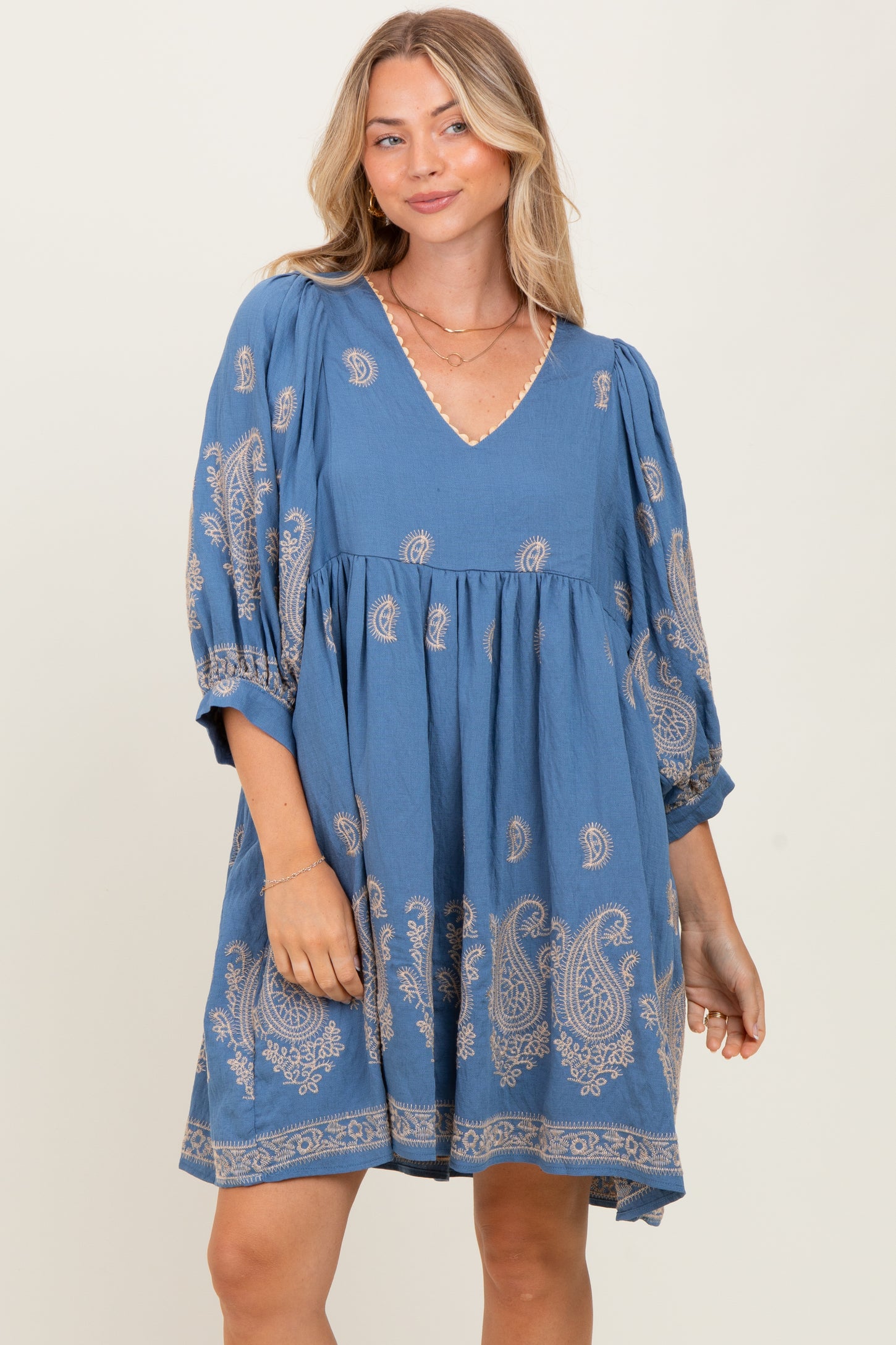 Blue Paisley Embroidered Bubble Sleeve Maternity Dress