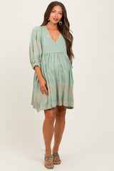 Light Olive Paisley Embroidered Bubble Sleeve Maternity Dress
