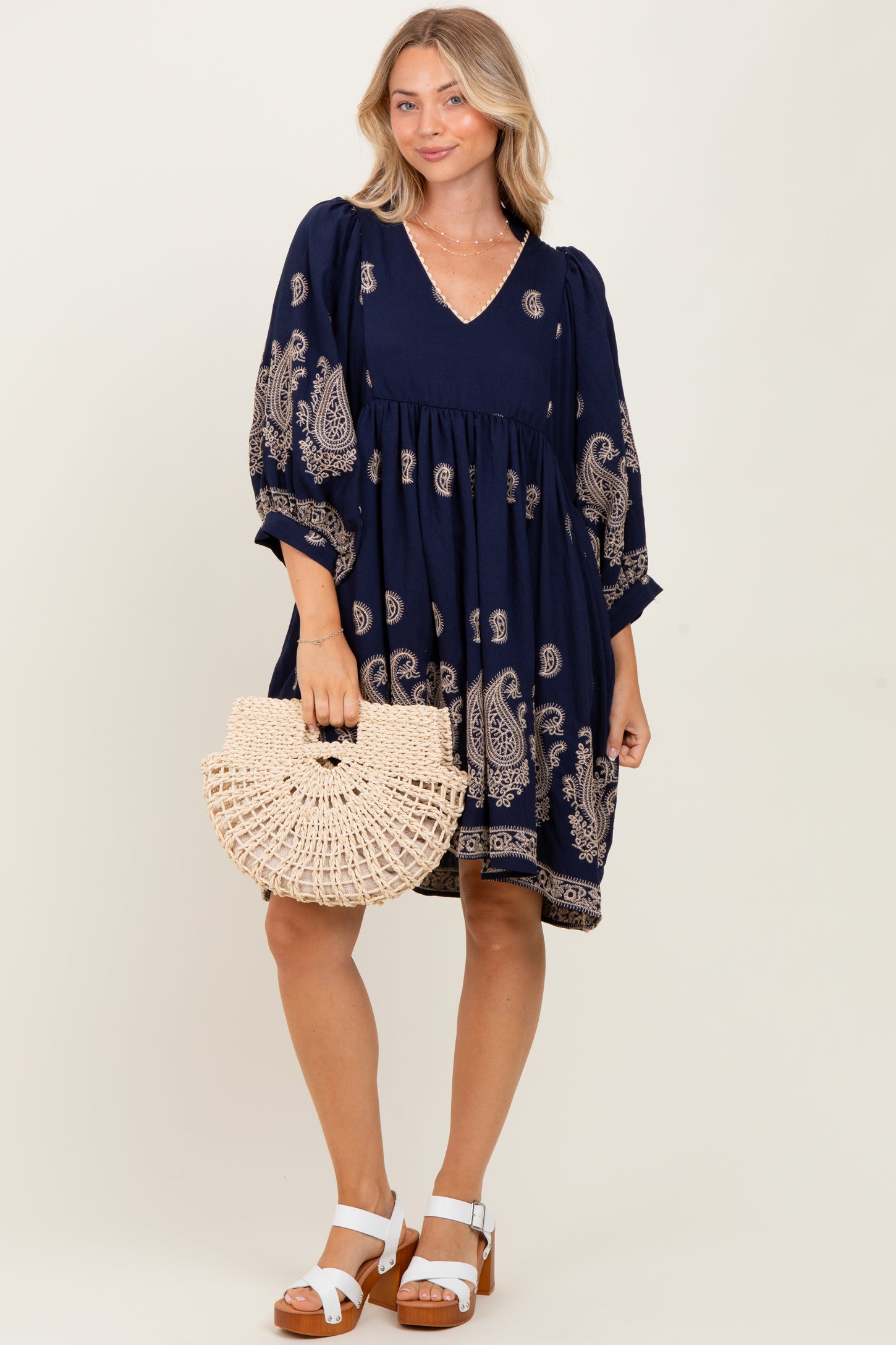 Navy Paisley Embroidered Bubble Sleeve Dress