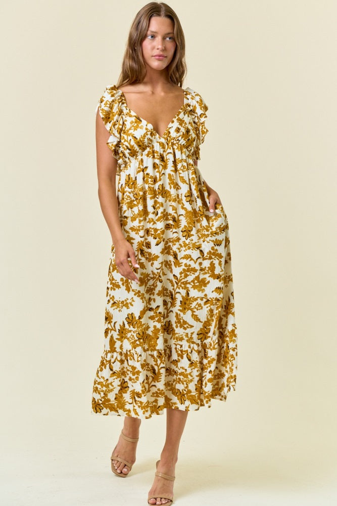 Yellow Floral V-Neck Flutter Sleeve Midi Dress