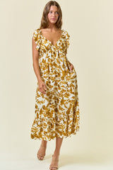 Yellow Floral V-Neck Flutter Sleeve Midi Dress