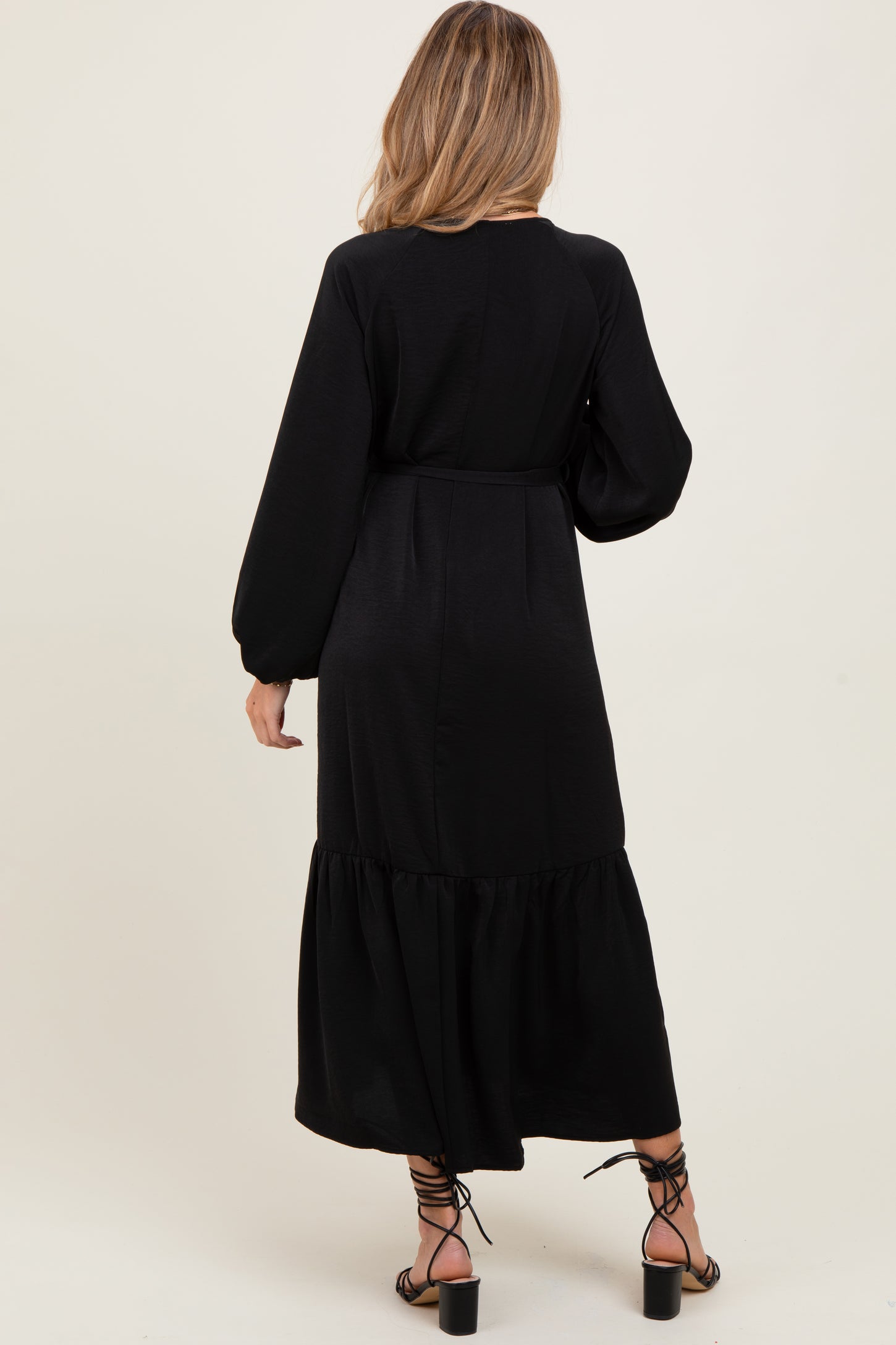 Black Elegant Long Sleeve Waist Tie Maternity Midi Dress