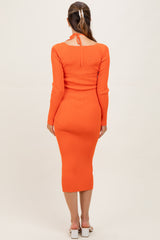 Orange Cutout Cross-Strap Knit Maternity Midi Dress