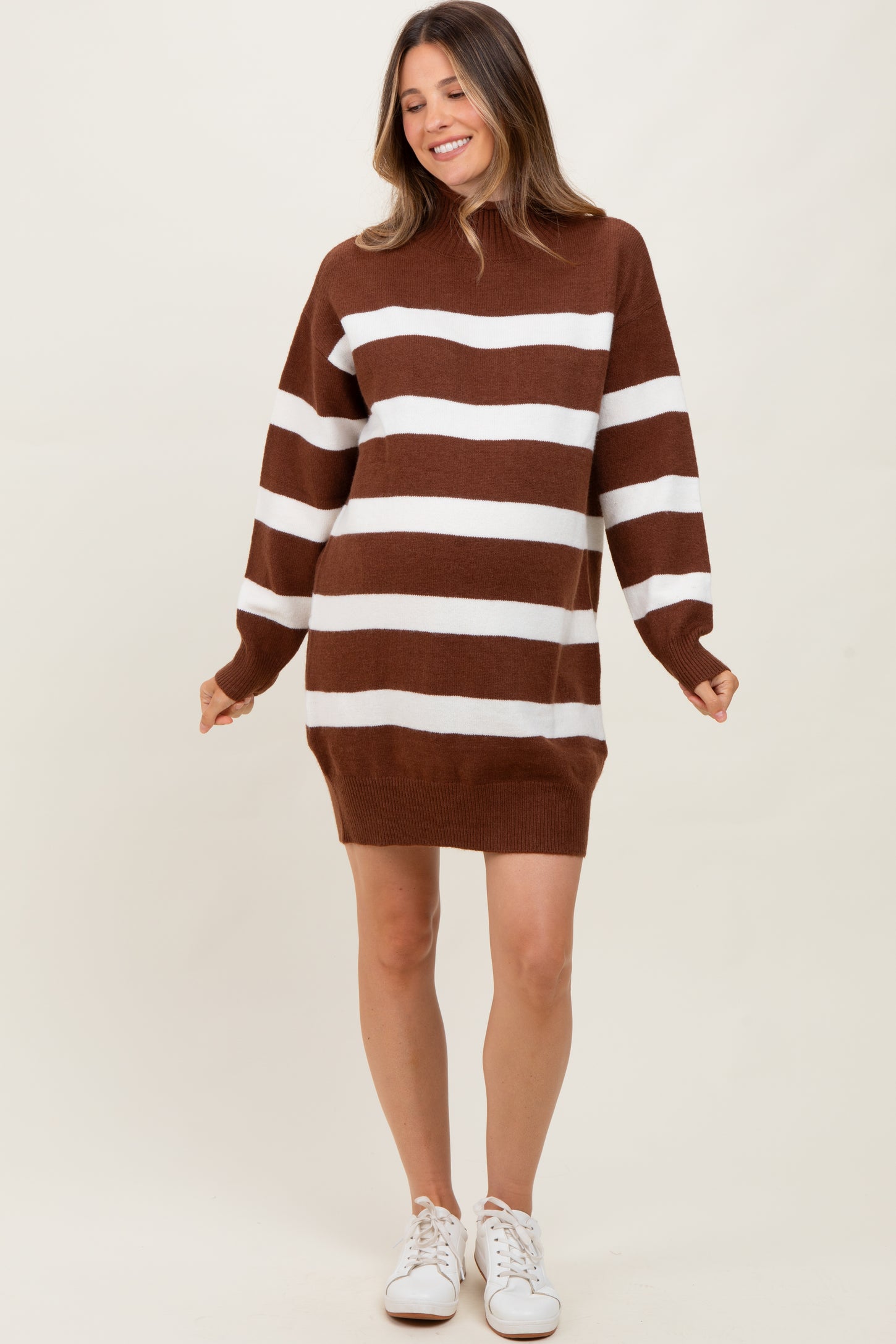 Brown Striped Knit Turtleneck Maternity Sweater Dress