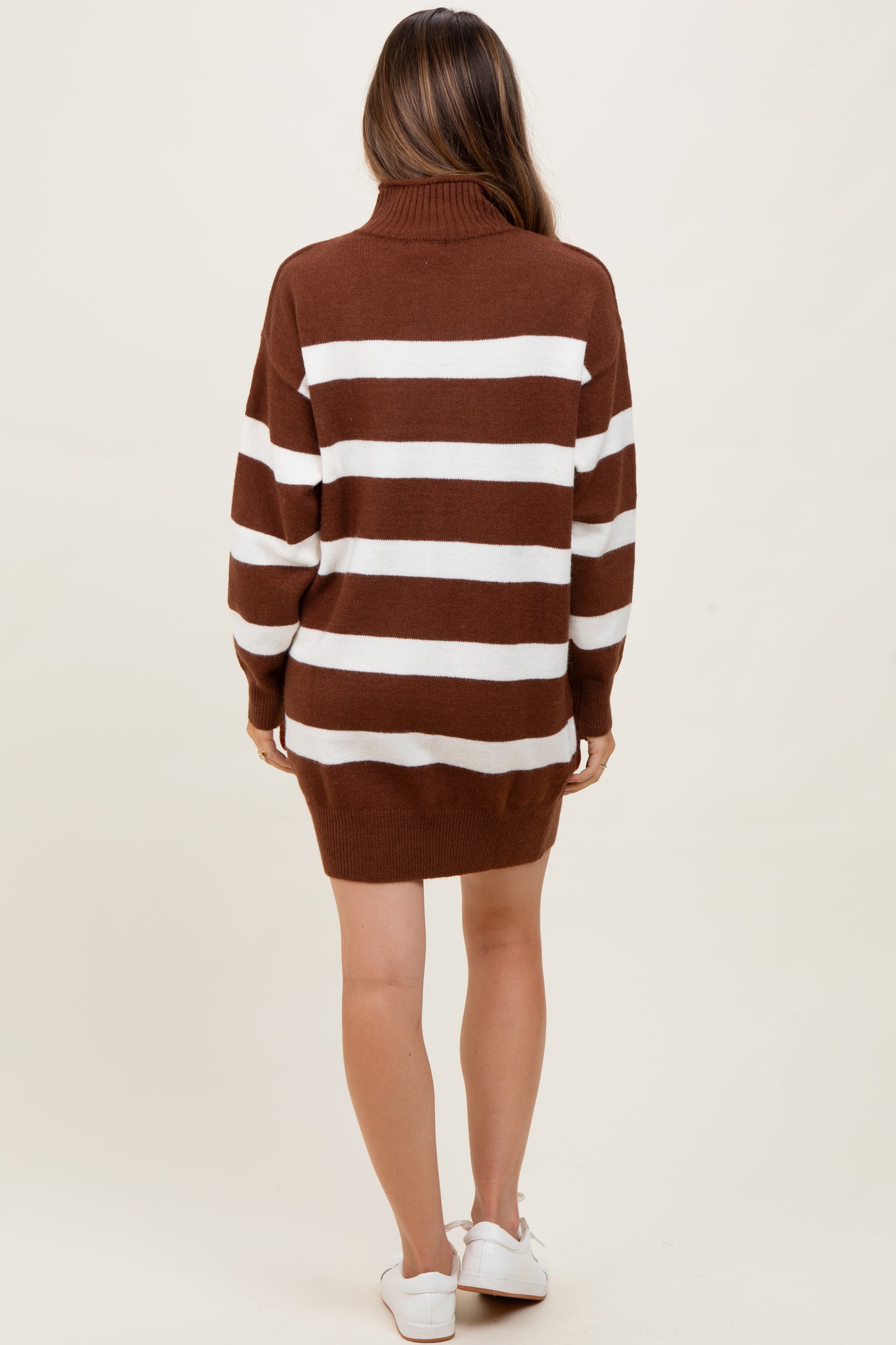 Brown Striped Knit Turtleneck Maternity Sweater Dress