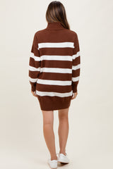 Brown Striped Knit Turtleneck Maternity Sweater Dress