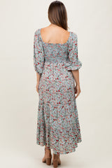 Light Blue Floral Smocked Sweetheart Neckline Maternity Midi Dress
