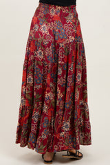 Burgundy Floral Smocked Waist Tiered Maxi Skirt