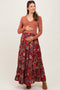 Burgundy Floral Smocked Waist Tiered Maternity Maxi Skirt