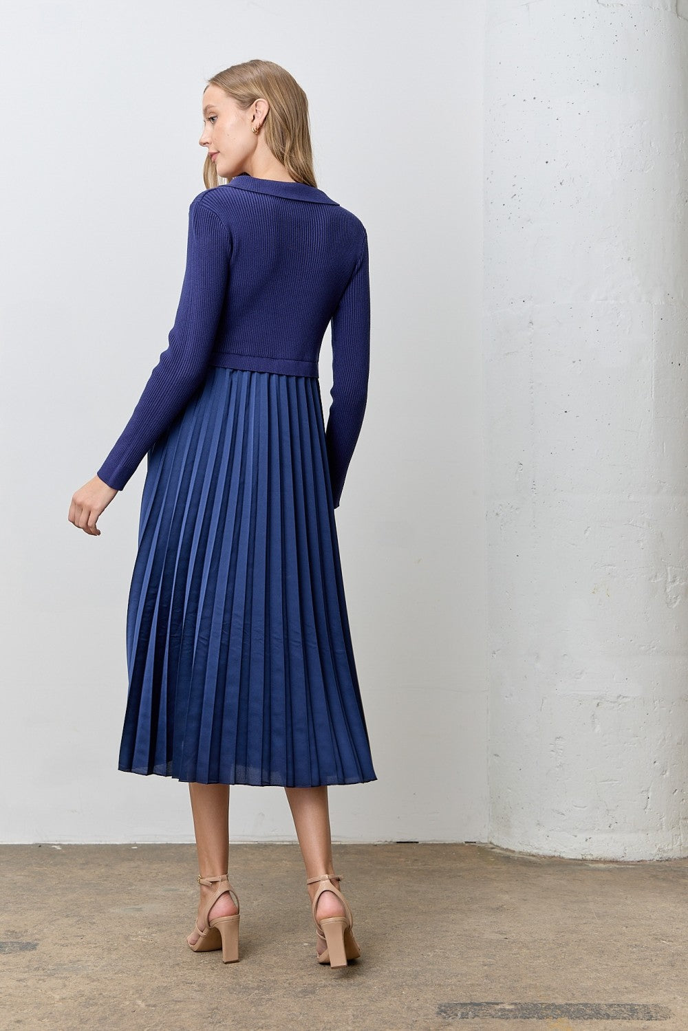 Navy Collared Knit Contrast Pleated Skirt Midi Dress