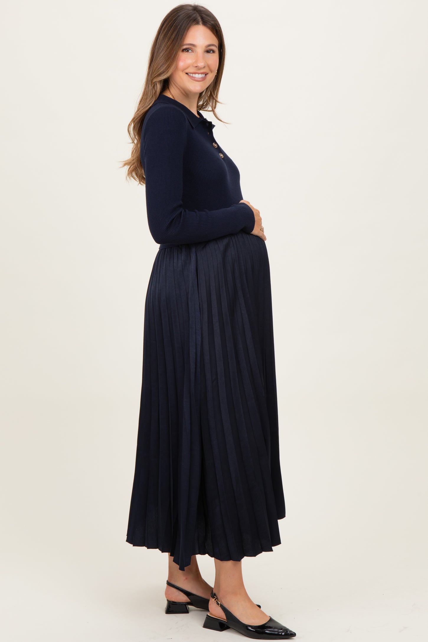 Navy Collared Knit Contrast Pleated Skirt Maternity Midi Dress