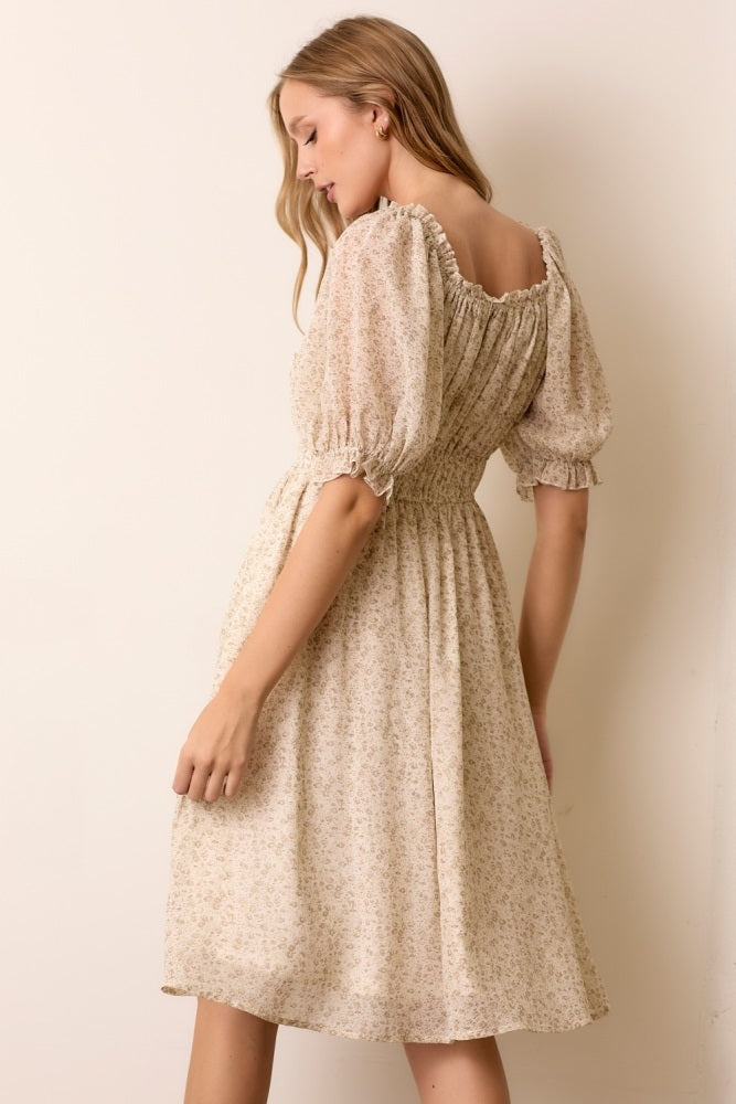 Cream Floral Square Neck Ruffle Accent Midi Dress