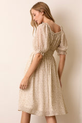 Cream Floral Square Neck Ruffle Accent Midi Dress