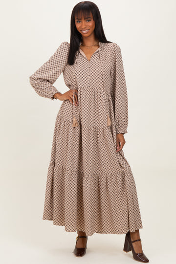 Taupe Plaid Tie Collar Tiered Maxi Dress