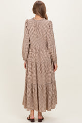 Taupe Plaid Tie Collar Tiered Maternity Maxi Dress