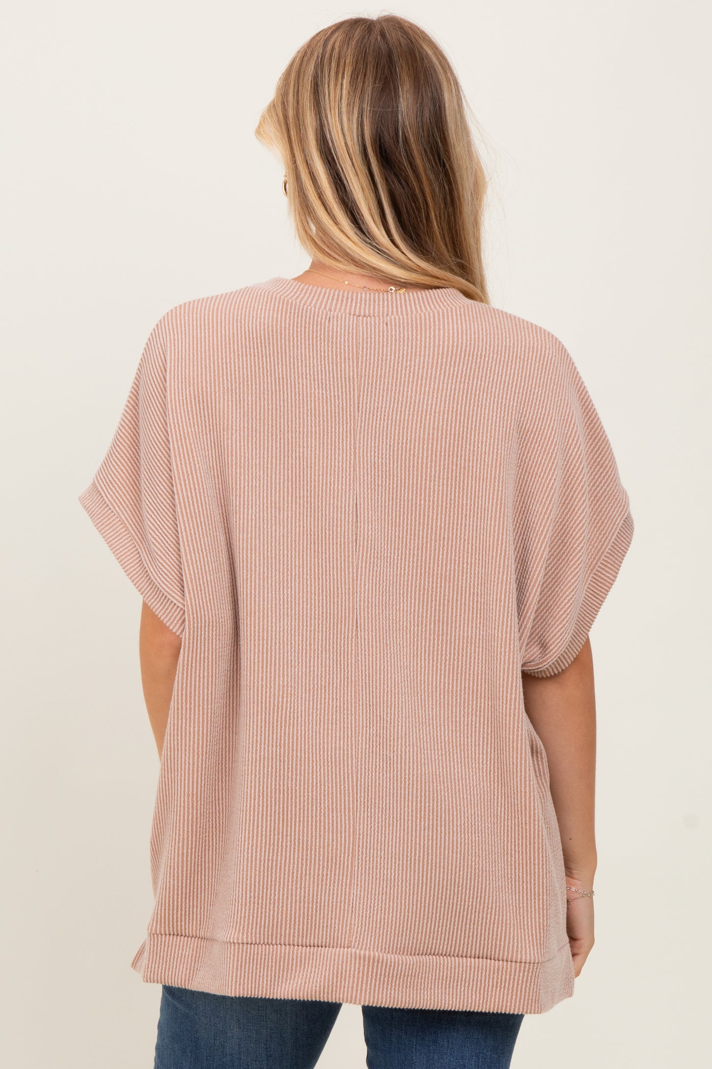Mocha Solid Ribbed Short Sleeve Oversized Tunic Top