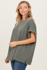 Olive Solid Ribbed Short Sleeve Oversized Tunic Top